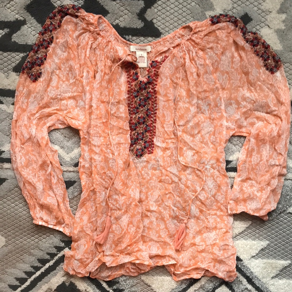Sundance Beaded Peasant Blouse size Small Sheer